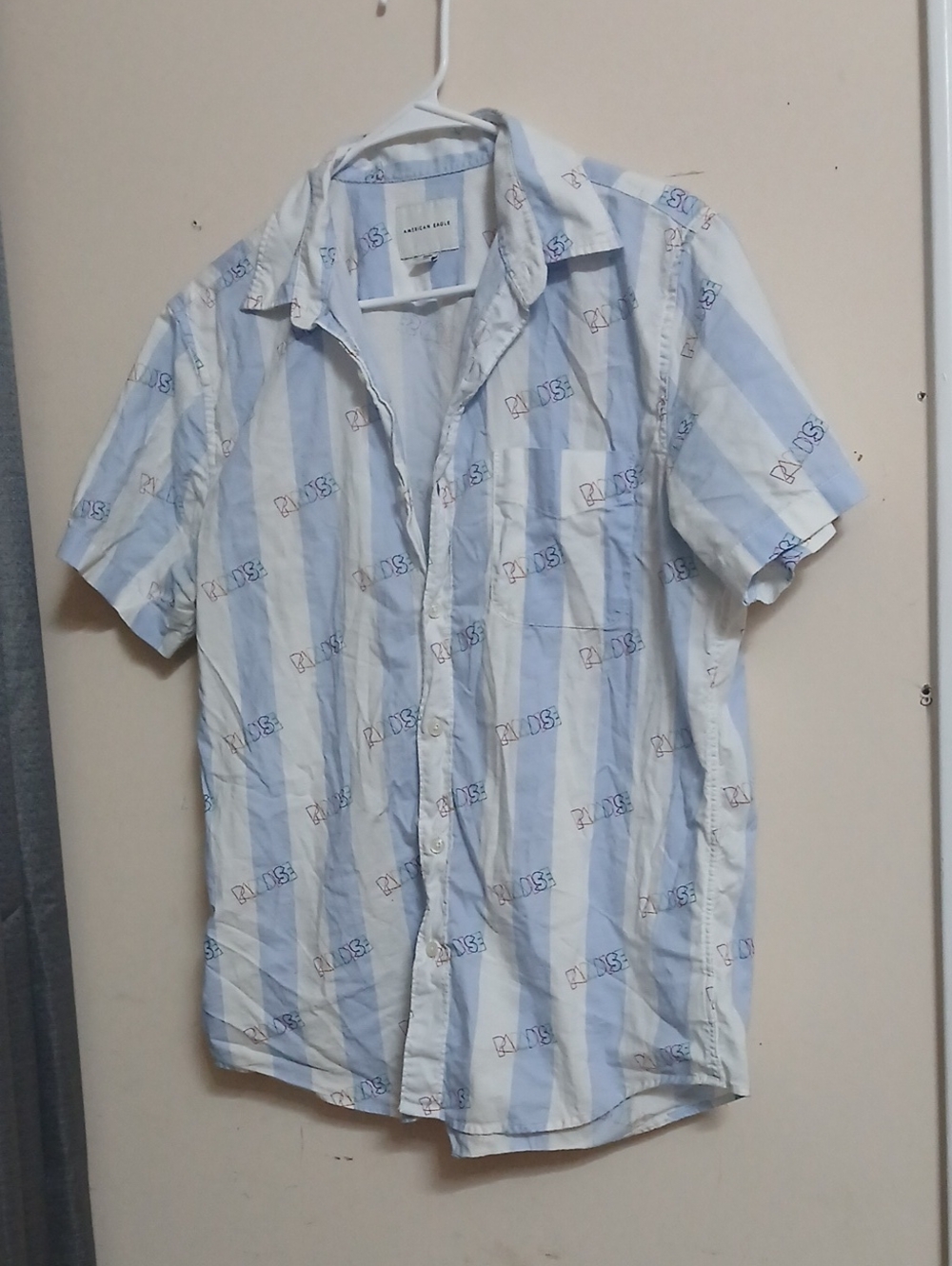 American Eagle Outfitters Light Blue & White Striped Short-Sleeve Button-Up
